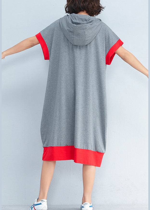 Schicke Kapuzen-Patchwork-Baumwollkleider Damen Inspiration grauer Druck Baggy-Kleider Sommer