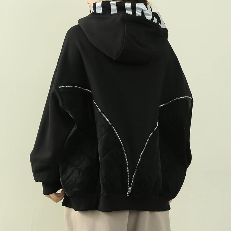 Chic hooded patchwork top silhouette black Letter daily blouse - SooLinen