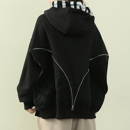 Chic hooded patchwork top silhouette black Letter daily blouse - SooLinen