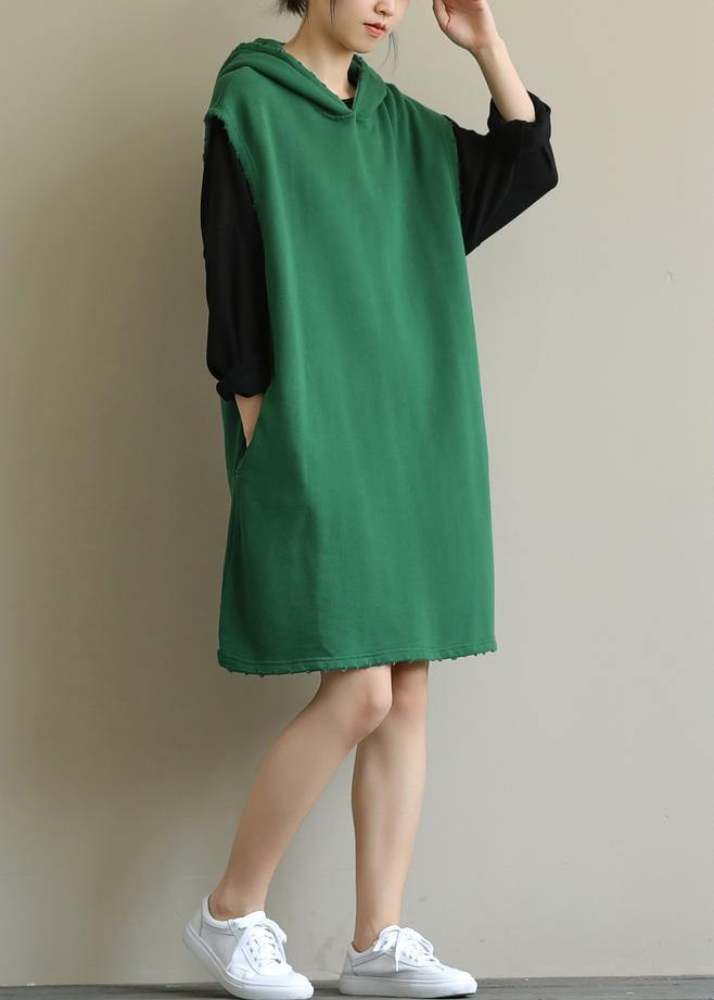 Chic hooded pockets fall Tunic Sleeve green Dress - SooLinen