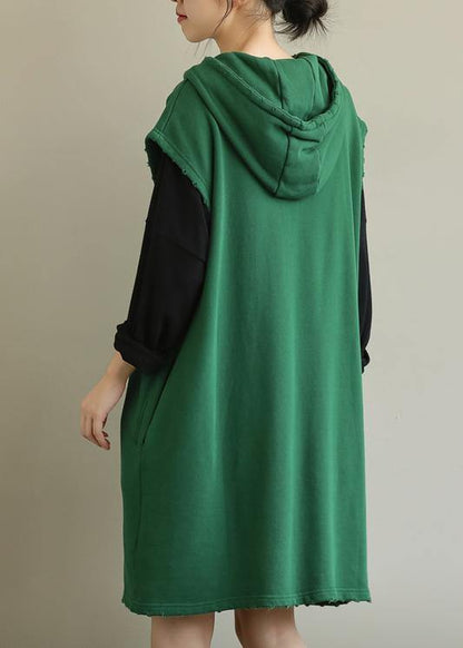 Chic hooded pockets fall Tunic Sleeve green Dress - SooLinen