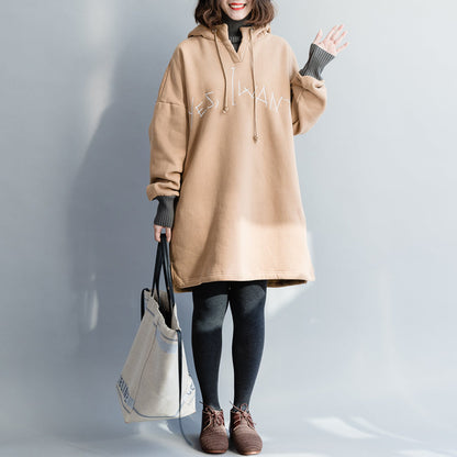 Schicke khakifarbene Baumwollkleidung für Damen, feine Arbeitsoutfits, lockere Patchworkblusen mit Kapuze