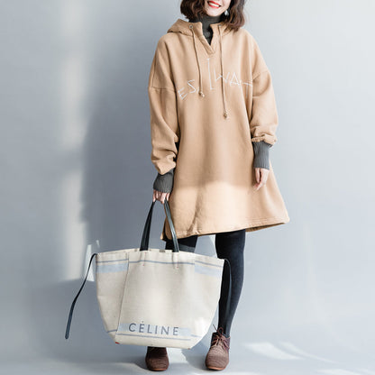 Schicke khakifarbene Baumwollkleidung für Damen, feine Arbeitsoutfits, lockere Patchworkblusen mit Kapuze