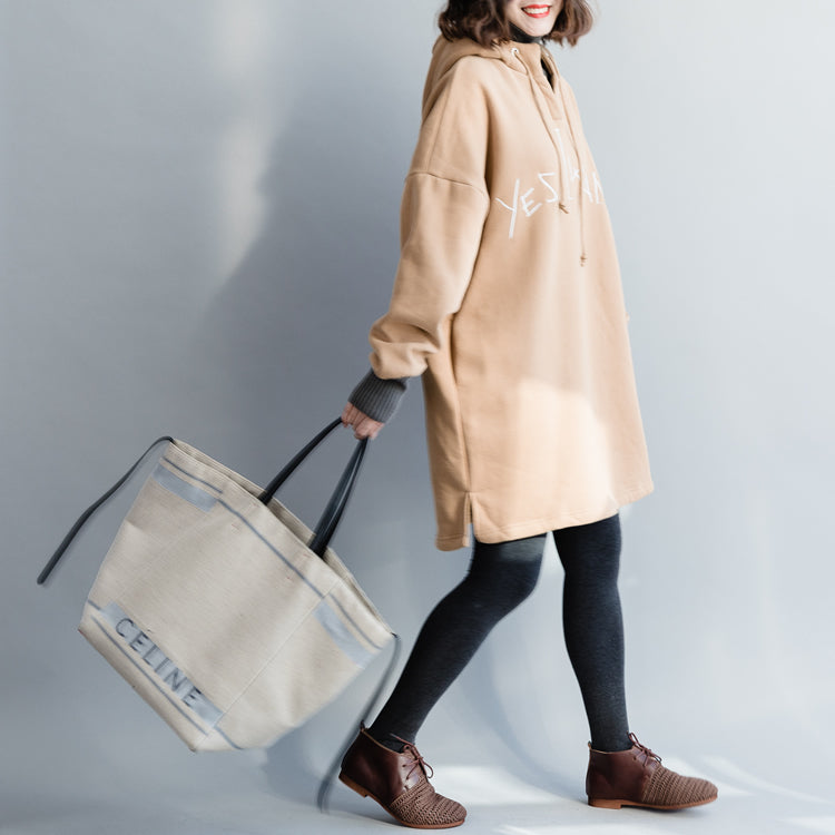 Schicke khakifarbene Baumwollkleidung für Damen, feine Arbeitsoutfits, lockere Patchworkblusen mit Kapuze