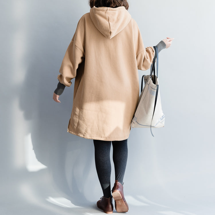 Schicke khakifarbene Baumwollkleidung für Damen, feine Arbeitsoutfits, lockere Patchworkblusen mit Kapuze