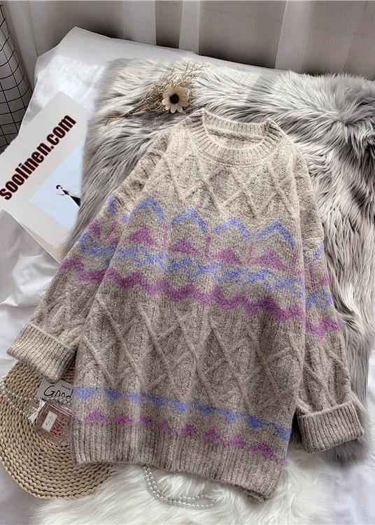 Chic khaki striped  Sweater Wardrobes Design o neck baggy knitted dress - SooLinen