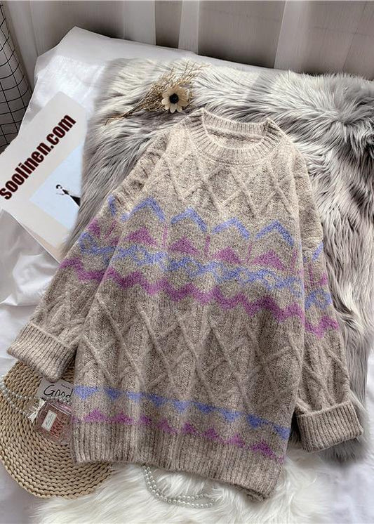 Chic khaki striped  Sweater Wardrobes Design o neck baggy knitted dress - SooLinen