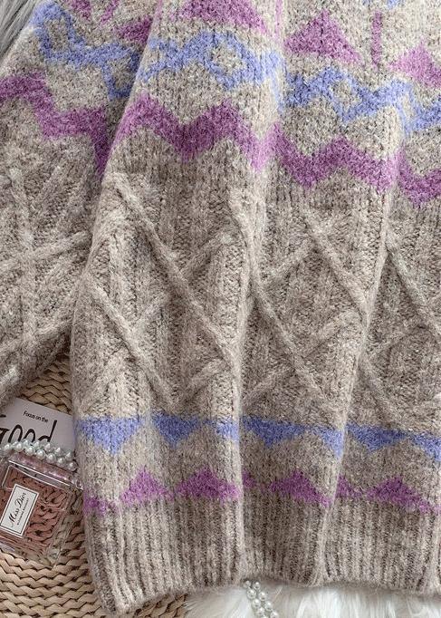 Chic khaki striped  Sweater Wardrobes Design o neck baggy knitted dress - SooLinen