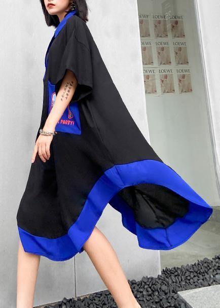 Chic lapel asymmetric cotton summer dresses pattern black cotton Dress - SooLinen