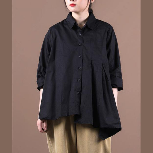 Chic lapel large hem fall shirts women Work Outfits black tops - SooLinen