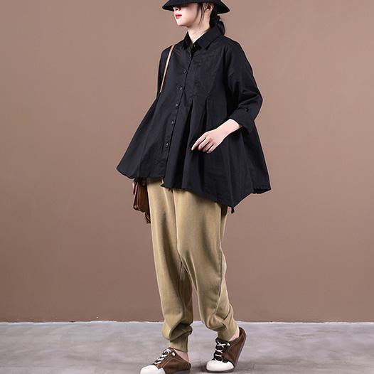 Chic lapel large hem fall shirts women Work Outfits black tops - SooLinen