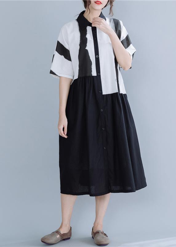 Chic lapel patchwork linen dresses Neckline black striped Dress summer - SooLinen