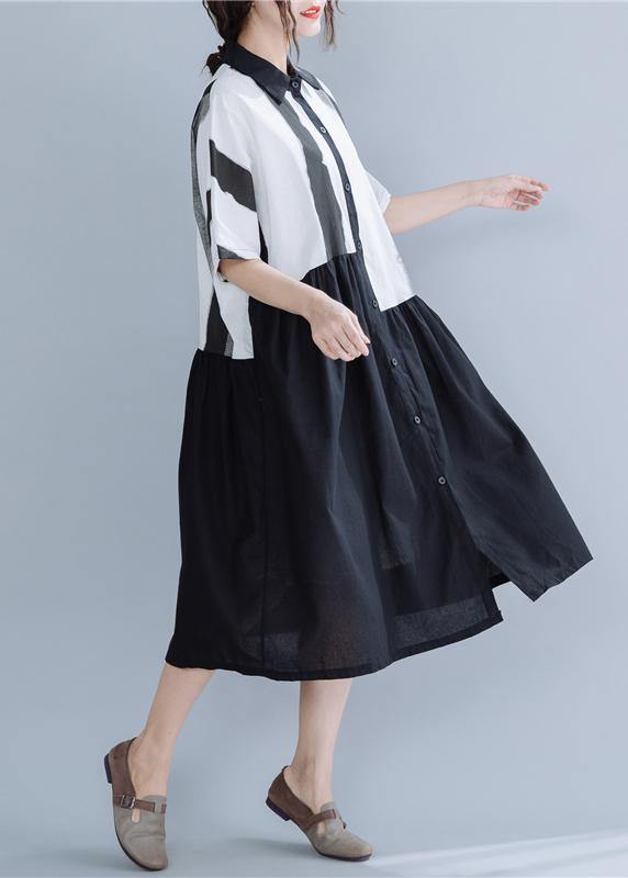 Chic lapel patchwork linen dresses Neckline black striped Dress summer - SooLinen