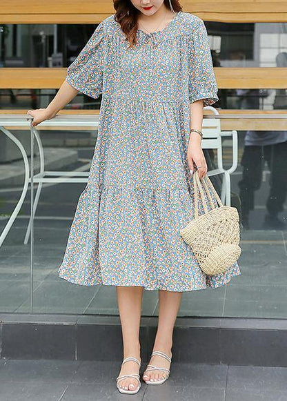 Chic light blue floral cotton Wardrobes ruffles hem Dresses summer Dresses - SooLinen