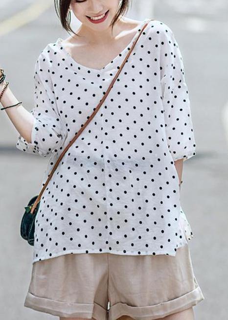Chic linen Blouse Vintage Casual Linen Dot V-Neck Women Blouse - SooLinen