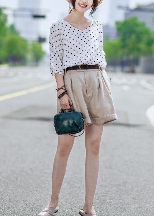 Chic linen Blouse Vintage Casual Linen Dot V-Neck Women Blouse - SooLinen