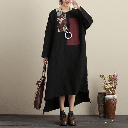 Schicke Leinenroben in Übergröße für Damen, langärmliges Kleid mit Taschen, hohem und niedrigem Saum und Schnittkantenbesatz