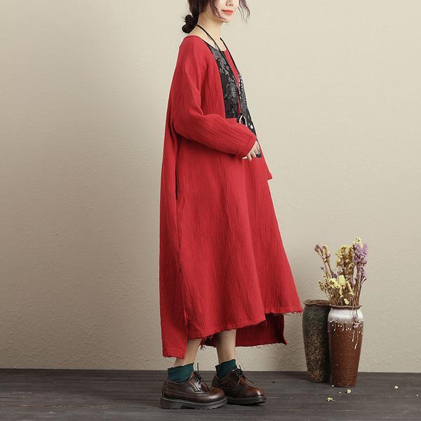 Schicke Leinenroben in Übergröße für Damen, langärmliges Kleid mit Taschen, hohem und niedrigem Saum und Schnittkantenbesatz