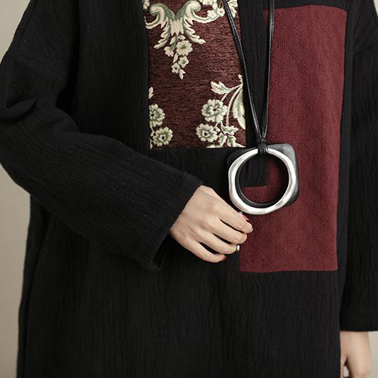 Schicke Leinenroben in Übergröße für Damen, langärmliges Kleid mit Taschen, hohem und niedrigem Saum und Schnittkantenbesatz