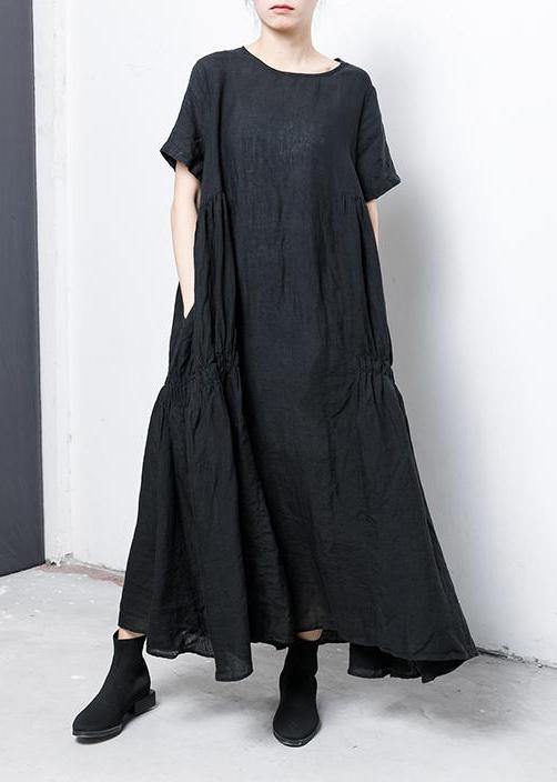 Chic linen cotton Robes Women Pure Color Pleated Elegant A-Line Dress - SooLinen