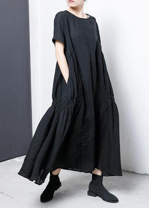Chic linen cotton Robes Women Pure Color Pleated Elegant A-Line Dress - SooLinen