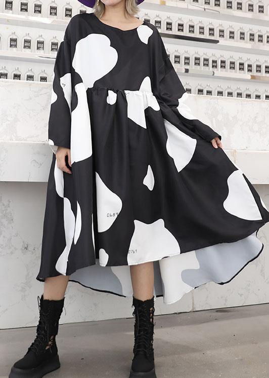 Chic low high design cotton high waist Tunics Sleeve black cotton robes Dresses - SooLinen