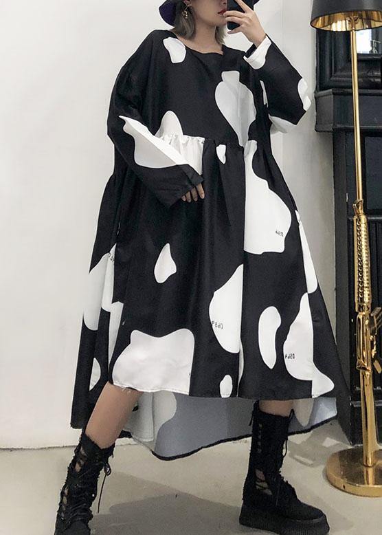 Chic low high design cotton high waist Tunics Sleeve black cotton robes Dresses - SooLinen