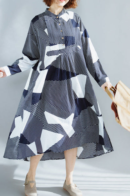 Schicke marineblaue Baumwollkleidung für Damen, feine Garderobe, Stehkragen, extra großer Saum, Maxi-Sommerkleid