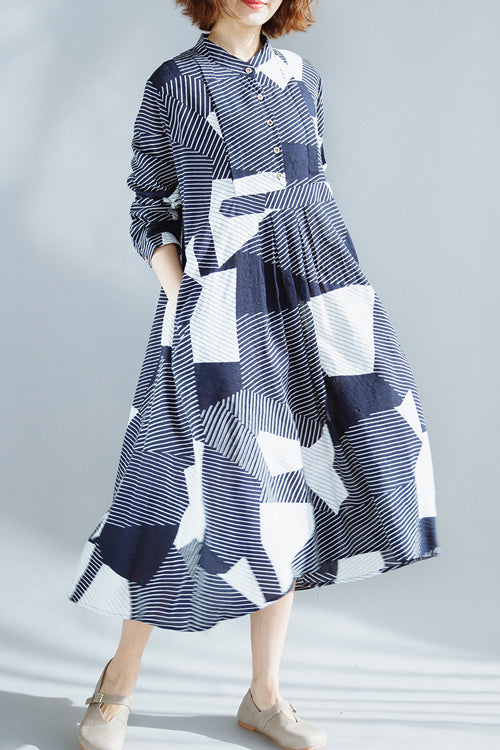 Schicke marineblaue Baumwollkleidung für Damen, feine Garderobe, Stehkragen, extra großer Saum, Maxi-Sommerkleid