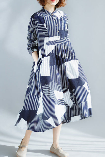 Schicke marineblaue Baumwollkleidung für Damen, feine Garderobe, Stehkragen, extra großer Saum, Maxi-Sommerkleid