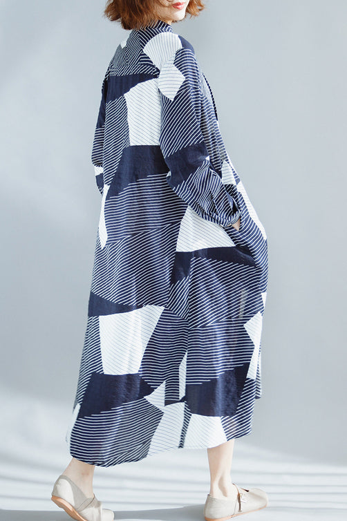 Schicke marineblaue Baumwollkleidung für Damen, feine Garderobe, Stehkragen, extra großer Saum, Maxi-Sommerkleid