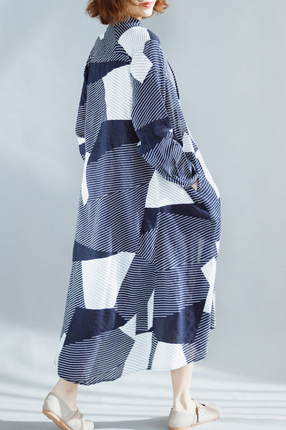 Schicke marineblaue Baumwollkleidung für Damen, feine Garderobe, Stehkragen, extra großer Saum, Maxi-Sommerkleid