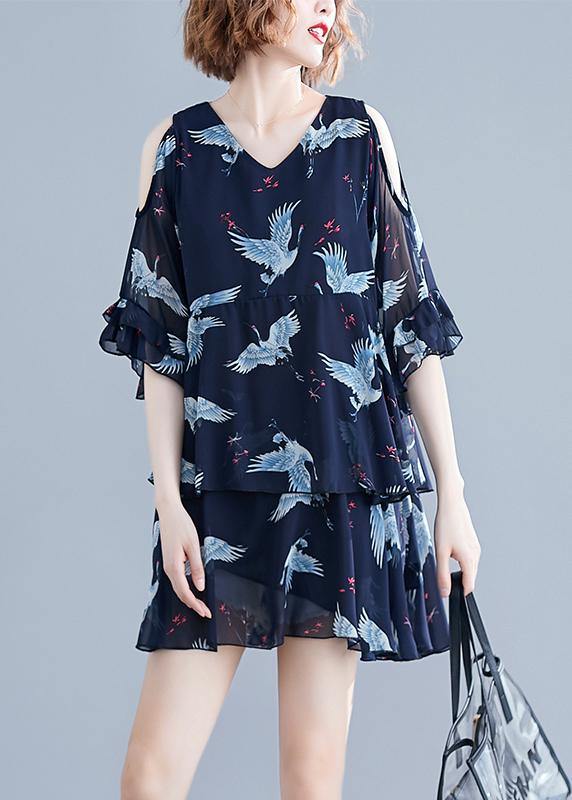 Chic navy print chiffon dresses Vintage Outfits v neck Ruffles Summer Dresses - SooLinen