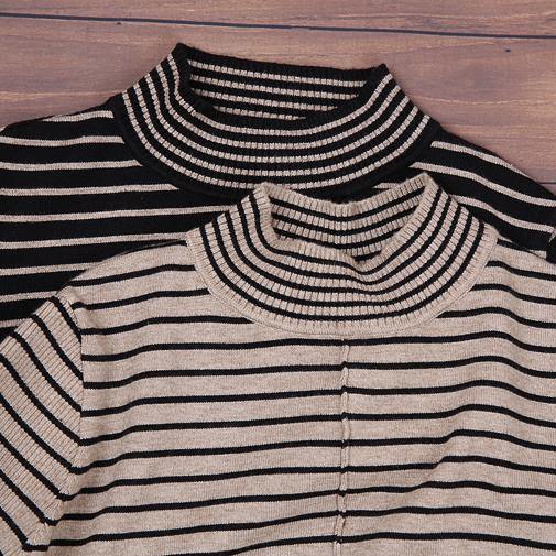 Chic nude striped Sweater outfits DIY high neck daily sweater dress - SooLinen