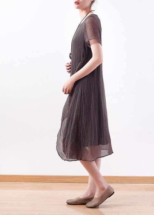 Chic o neck asymmetric silk linen clothes For Women Korea Work Outfits gray Maxi Dresses Summer - SooLinen