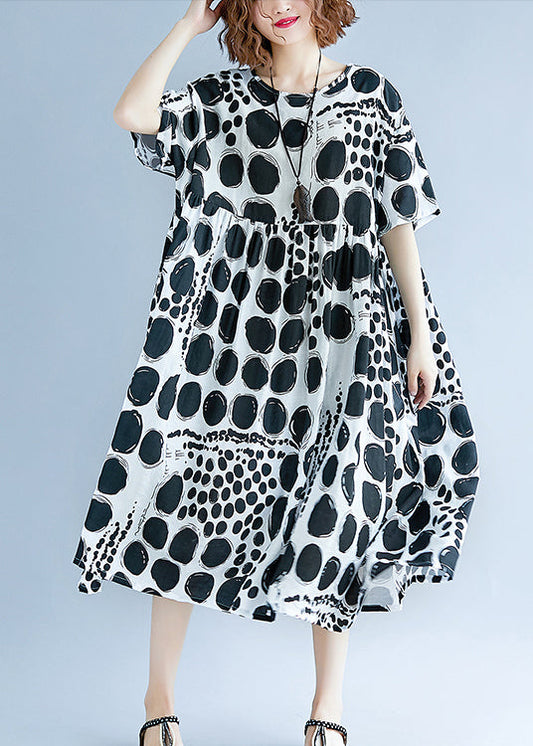 Chic o neck Extra große saum baumwolle leinen kleidung Für Frauen Runway schwarz gepunktete Art Kleid Sommer