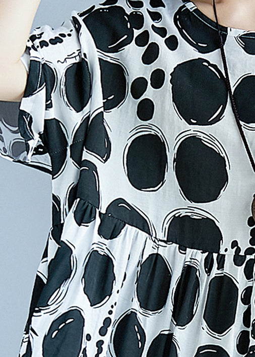 Chic o neck Extra große saum baumwolle leinen kleidung Für Frauen Runway schwarz gepunktete Art Kleid Sommer