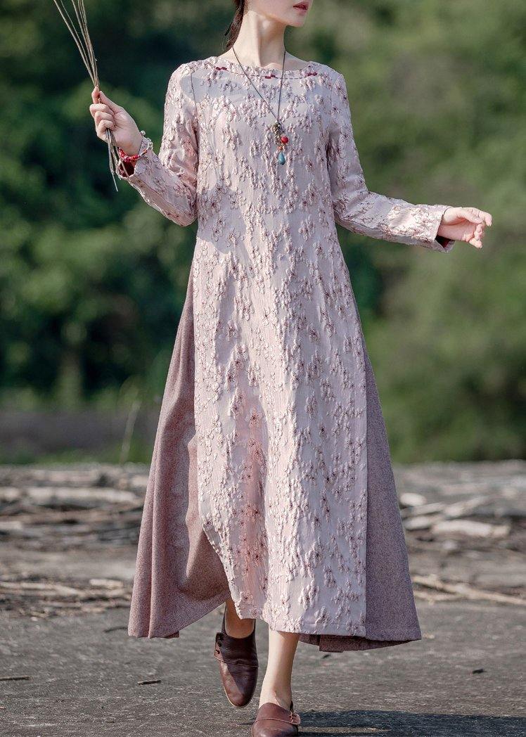 Chic o neck false two pieces spring clothes For Women Photography pink embroidery Dresses - SooLinen