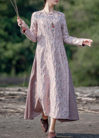 Chic o neck false two pieces spring clothes For Women Photography pink embroidery Dresses - SooLinen