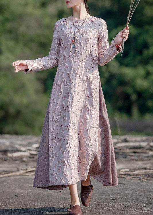 Chic o neck false two pieces spring clothes For Women Photography pink embroidery Dresses - SooLinen