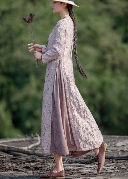 Chic o neck false two pieces spring clothes For Women Photography pink embroidery Dresses - SooLinen