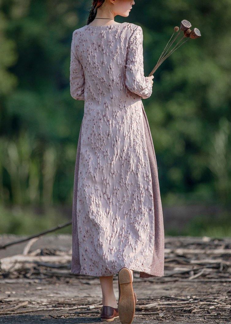 Chic o neck false two pieces spring clothes For Women Photography pink embroidery Dresses - SooLinen