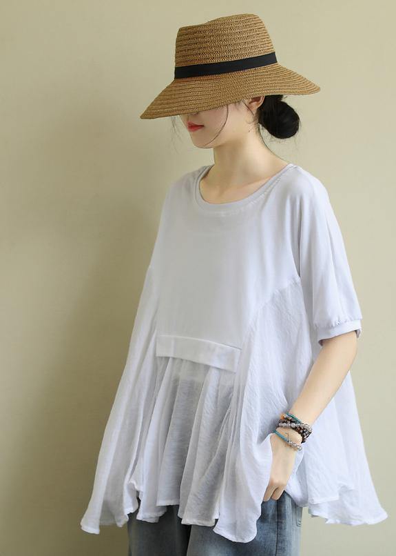Chic o neck patchwork cotton summerLong Shirts Fabrics white tops - SooLinen