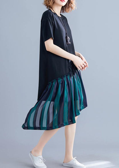 Chic o neck patchwork quilting clothes blue striped Dresses summer - SooLinen