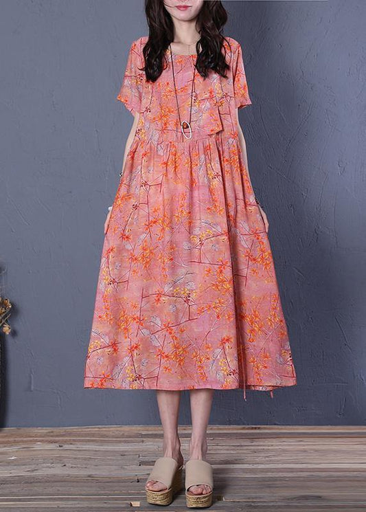 Chic o neck short sleeve cotton summer Wardrobes linen pink print Maxi Dresses - SooLinen