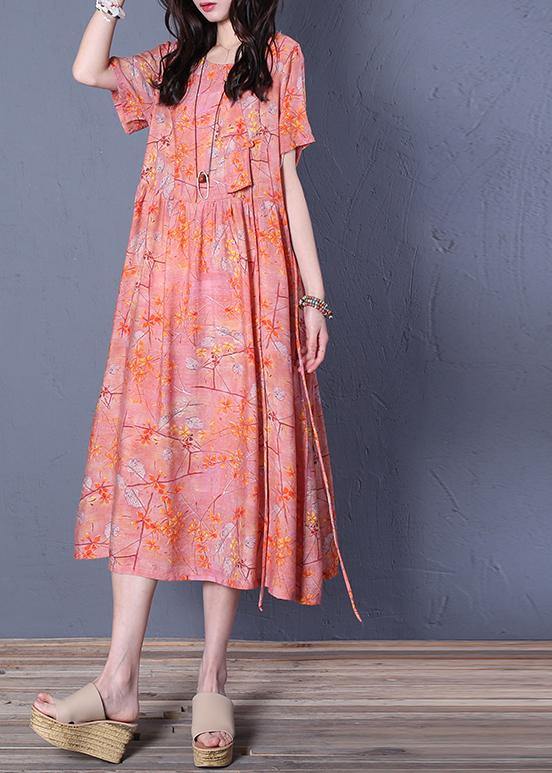 Chic o neck short sleeve cotton summer Wardrobes linen pink print Maxi Dresses - SooLinen