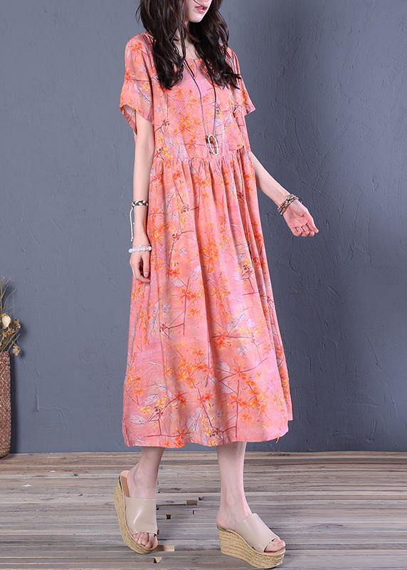 Chic o neck short sleeve cotton summer Wardrobes linen pink print Maxi Dresses - SooLinen