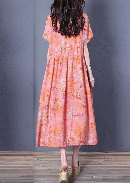 Chic o neck short sleeve cotton summer Wardrobes linen pink print Maxi Dresses - SooLinen