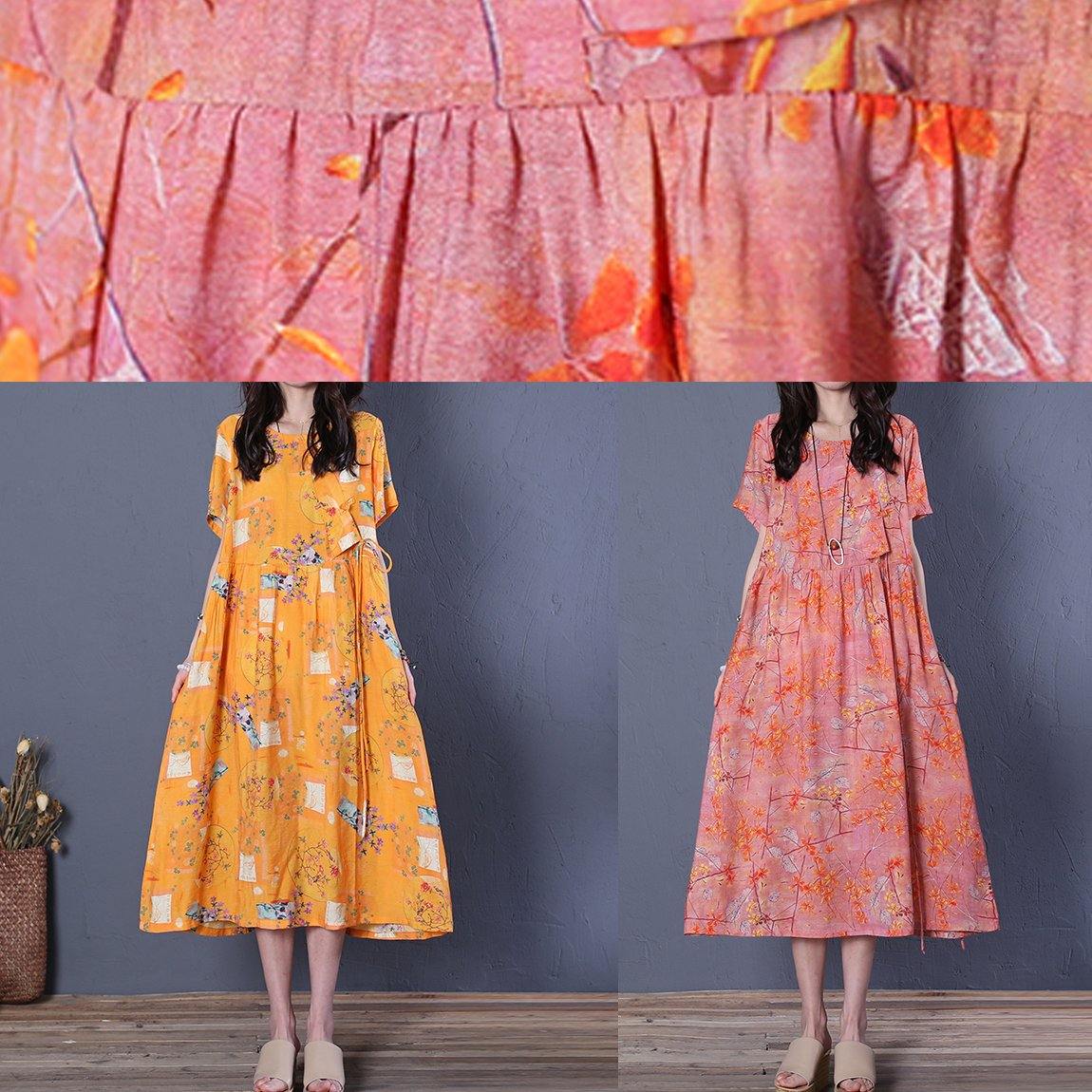 Chic o neck short sleeve cotton summer Wardrobes linen pink print Maxi Dresses - SooLinen