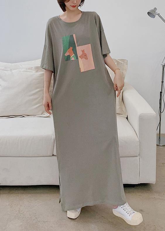 Chic o neck side open clothes Catwalk gray Animal print Plus Size Dresses - SooLinen